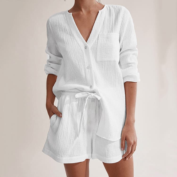 2023 Summer Pajamas Double Layer Gauze Long Sleeve Shorts 100% Cotton Fashion White Ladies Homewear Set