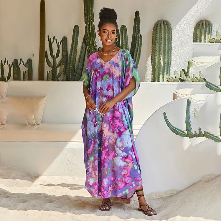 Rayon Cotton Tie Dye Printed Beach Cover Ups Sunscreen Loose Plus Size Long Skirt Bikini Kaftan Women