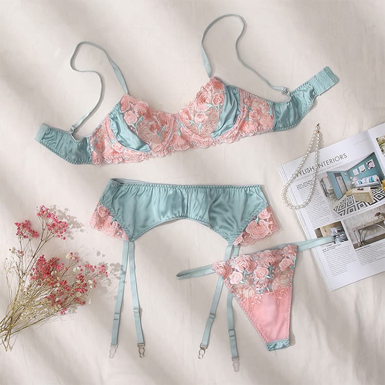 2023 New Sexy Lingerie Satin Embroidery Lace Garter Sexy Three Piece Set Women