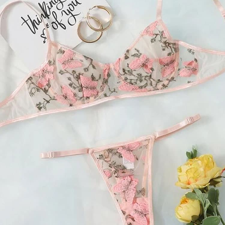 Sexy Three Point Ladies Small Fresh Sexy Underwear pink See Through Mesh Underwear Thong Set
