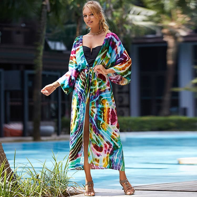 Rayon Color Tie Dye Printed Holiday Cardigan Sunscreen Dress Beach Swimsuit Cover Ups