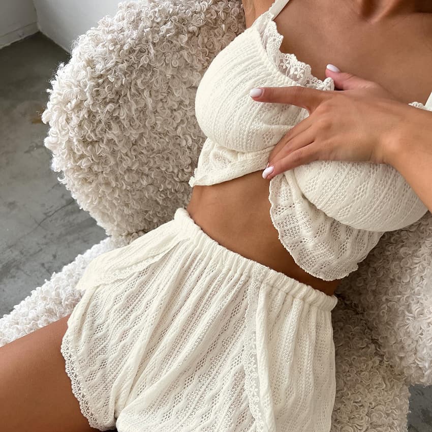 2023 Summer Sexy Hollow Pajamas Two Piece Lace Camisole Shorts Ladies Homewear