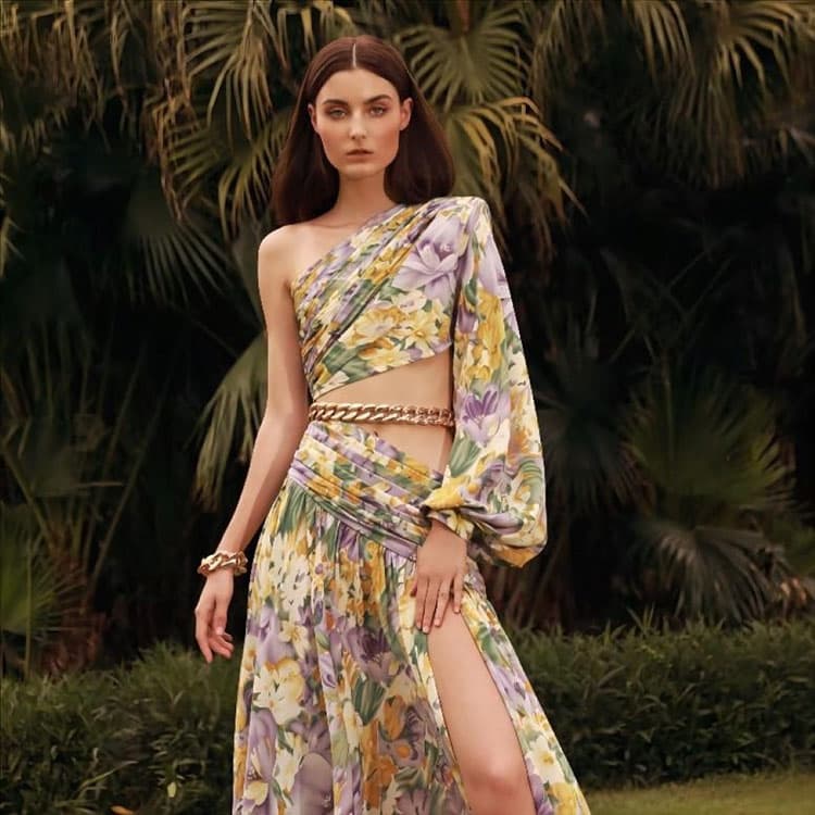 Summer New Sexy One Shoulder Long Sleeve Floral Dress Big Swing Floral Skirt