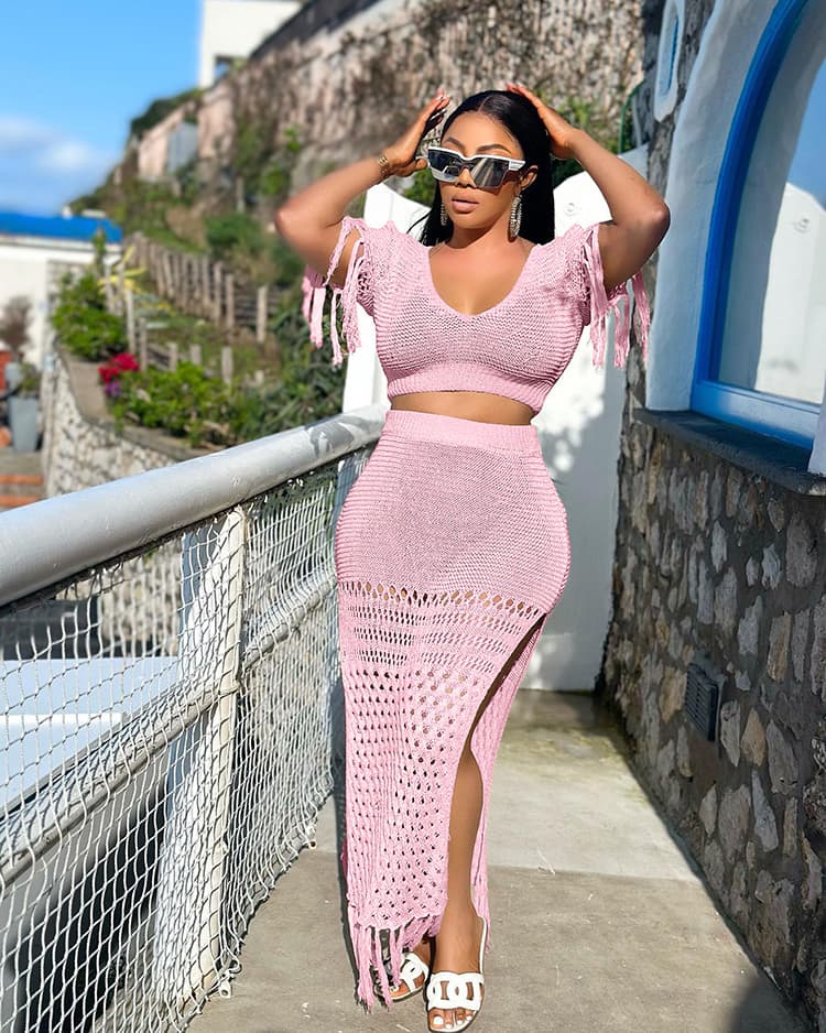 Casual Sexy Slit Hand Crochet Knitted Tassel Two Piece Ladies Dress