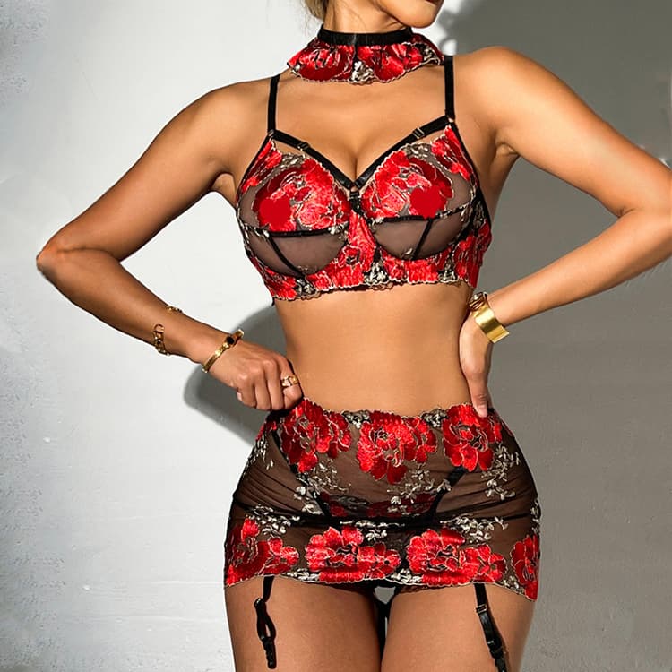 2024 New Floral Embroidery Sexy Strap Short Skirt Underwear Sexy Lingerie Four Piece Set
