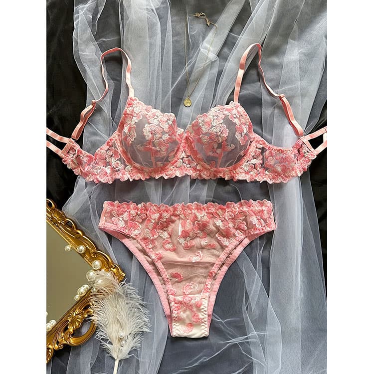 Autumn New French Flower Embroidery Perspective Sexy Girls Colorful Sexy Lingerie 2 Piece Set