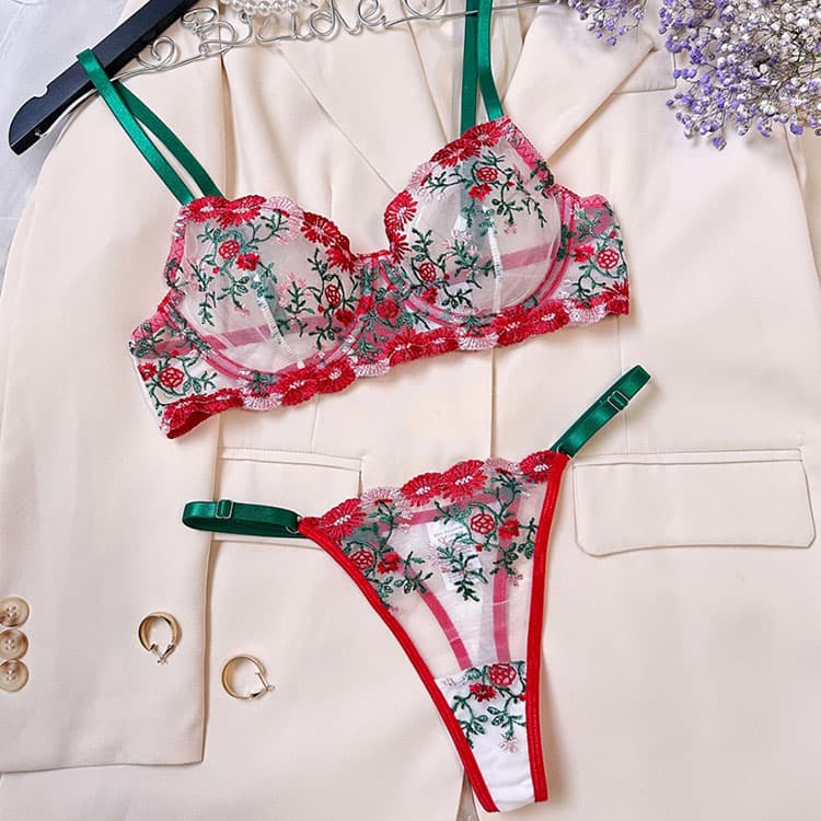 Wholesale Embroidered Underwire Bra Mesh See Through Thong Sexy Lingerie Two Piece Set