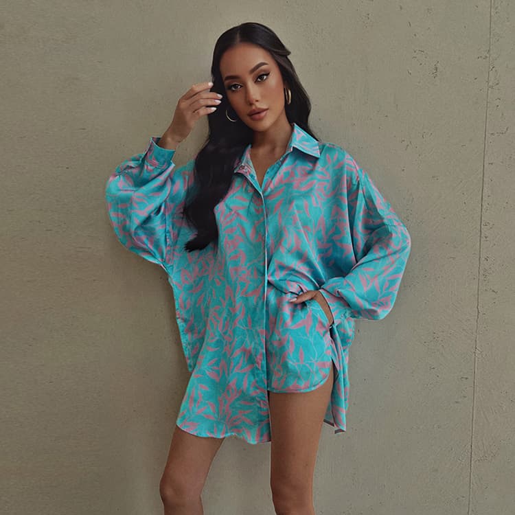 Autumn Puff Sleeve Pajamas Set Loose Shorts Contrast Print Women Home Clothes