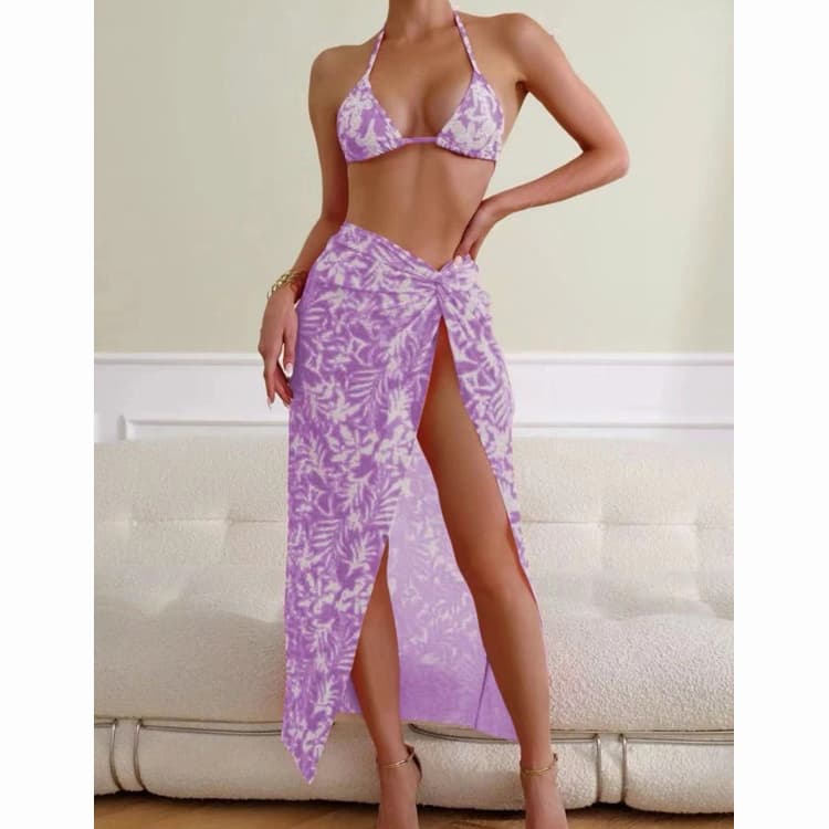 Spring Summer Girls' Three Piece Bikini Floral Daisy Bikini Mesh Holiday Swimsuit Cover Skirt Beachwear