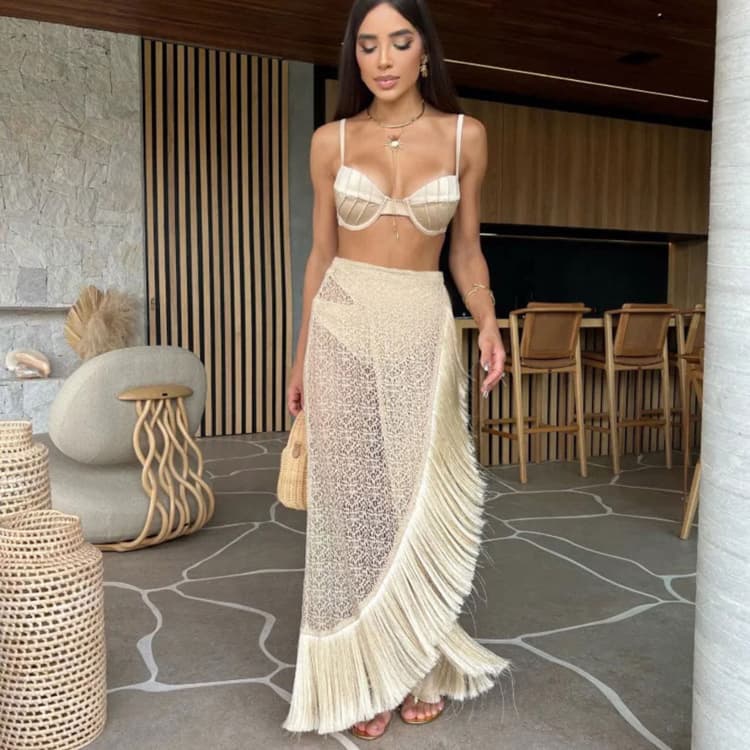 French Chic Tassel Bikini Women Swimsuit Hollow Out High Waist Bathing Suit Swimsuit 3 Piece Set
