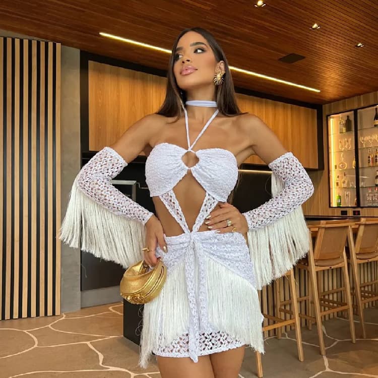 3Pcs White Tassel Bikini Sets Cover up Sexy Swimwear Women Bandeau Swimsuit Sexy Lace Bathing Suits