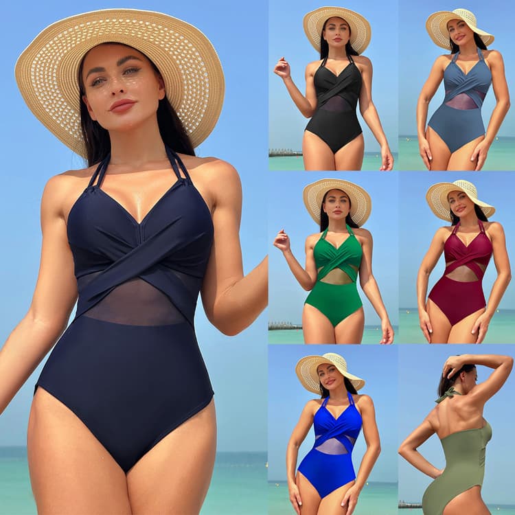 One Piece Bikini Solid Color V Neck Bathing Suits Front Cross Mesh Ruched Monokini Swimwear