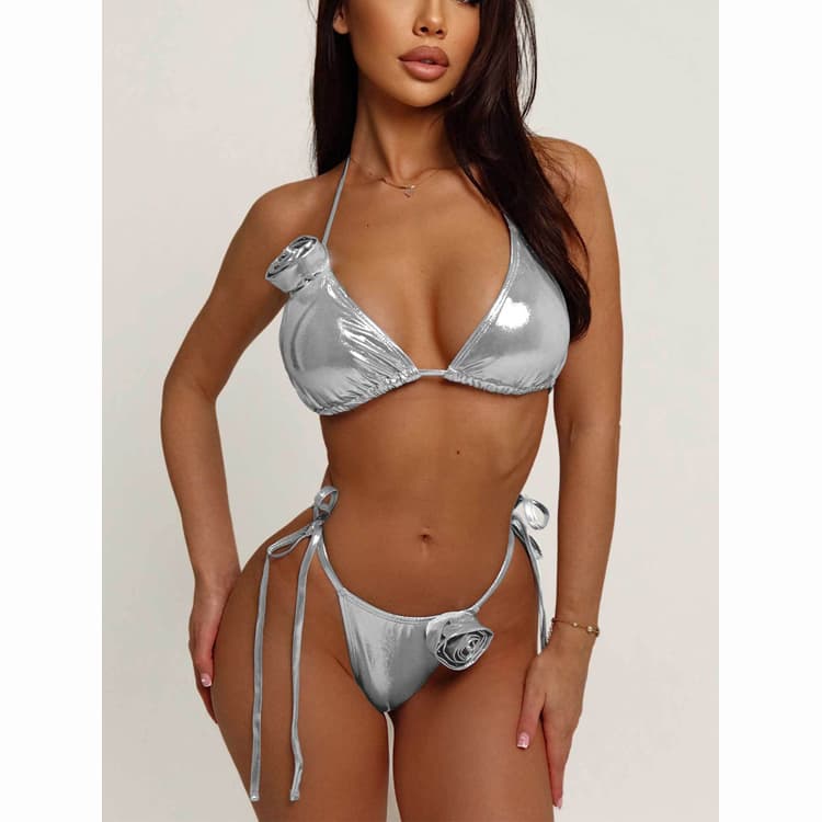 Silver Glossy 2 Piece Extreme Sexy 3D Flower Thong Bikini Women Micro Mini Swimwear & Beachwear Swimsuit