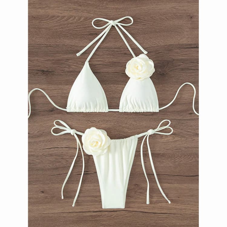 3D Rose Flower Candy Color Swimwear Halter Lace up Young Girl Sexy 2 Bikini Hot New Design 2024