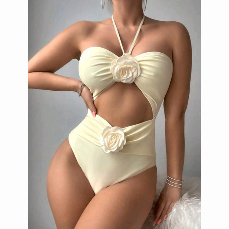 2024 Halter Floral Swimwear One Piece Bikini Solid Color Hollow Out Sexy Beachwear