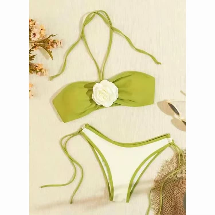 3D Rose Floral Color Blocking Sexy Halter Neck Strap TWO Bikini Summer Bathing Swimsuit&beach Wear