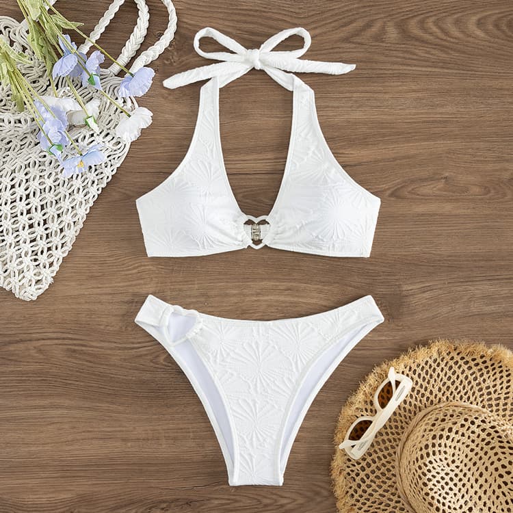 New Trendy Solid Colors Halter Heart Ring Knitted Women Swimwear Bathing Brazilian Bikinis