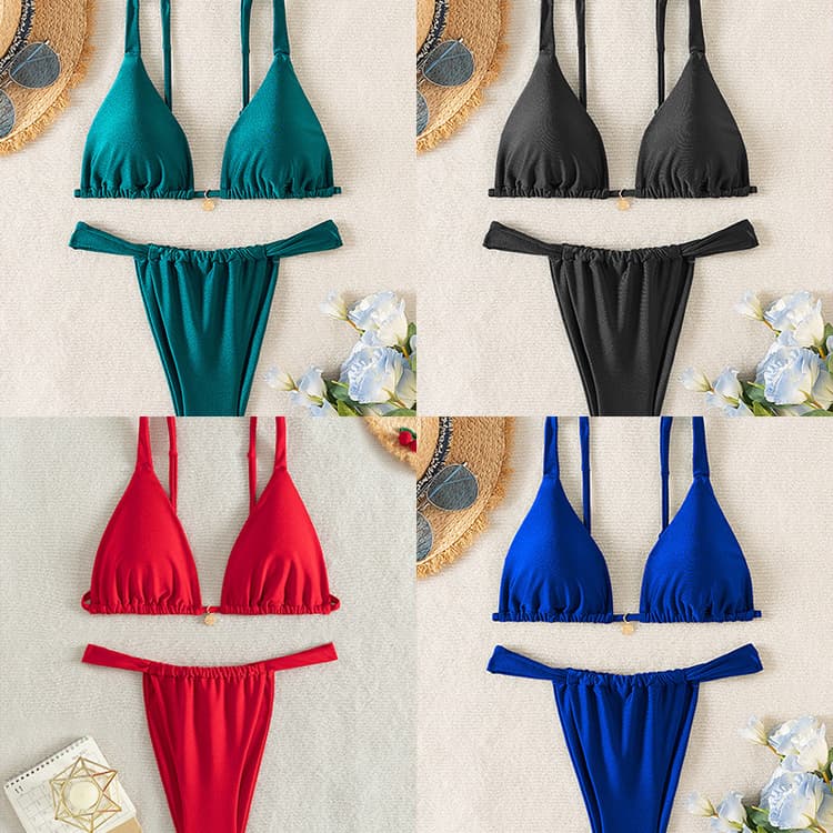 Three Point Halter Bra Solid Color Bikinis Waist Basic Bikinis 2 Piece Swim Wear& Beachwear