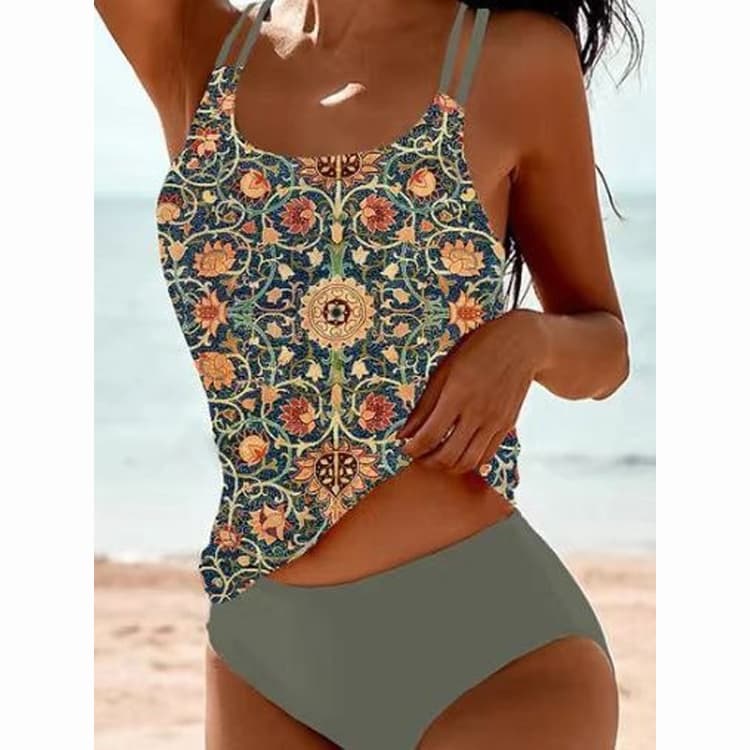 New Retro Floral square Neck Two Piece Bikini 2024 Simple Elegant Sexy Swimsuit&beach Wear