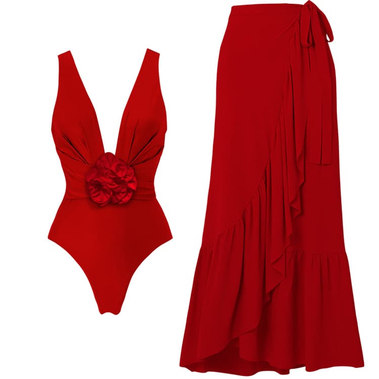 New Fashion Red 2 Piece Swimsuit Removable 3D Flower Decoration Halter Bikini Set