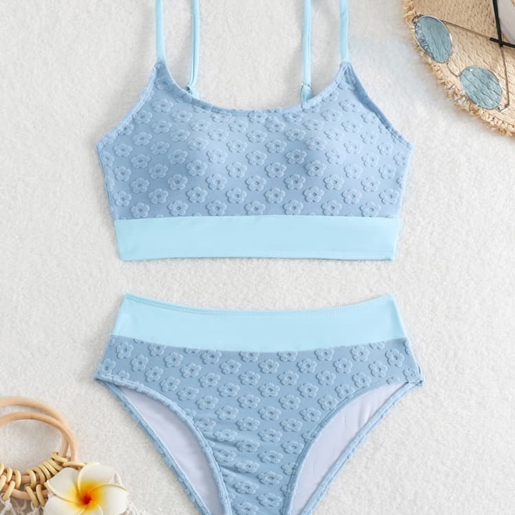 Blue Small Embroidery Fresh Floral Two Piece Swimsuit Retro Elegant 2024 New Style Bikini&beach Wear