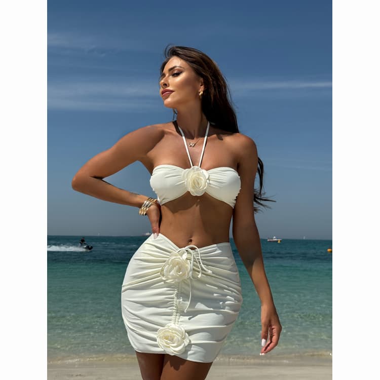 Solid Color Sexy 3D Rose White Elegant 3 Piece Swimsuit Halter Wrinkle Cover up Bikini 2024 Ins