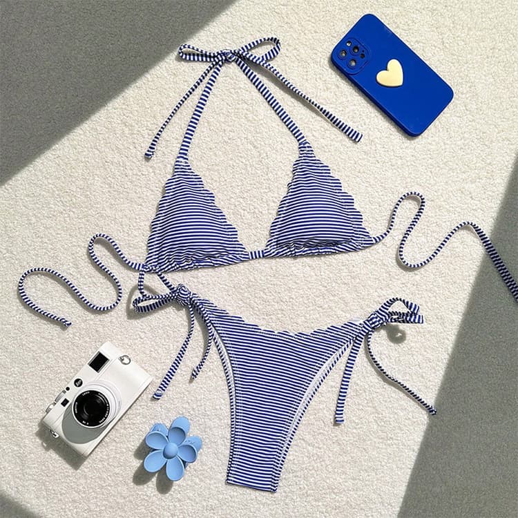 New Blue Striped Halter Triangle Two Piece Bikini Set 2024 New Cute Elegant Swimsuit Beachwear