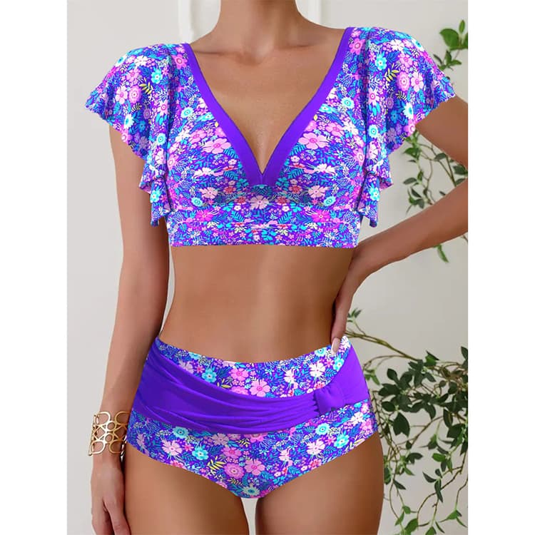 Two Pieces 2024 New Design Bikini Floral Leopard Print Sexy Beach Swimsuit Ruffles Swimwear Wholesale