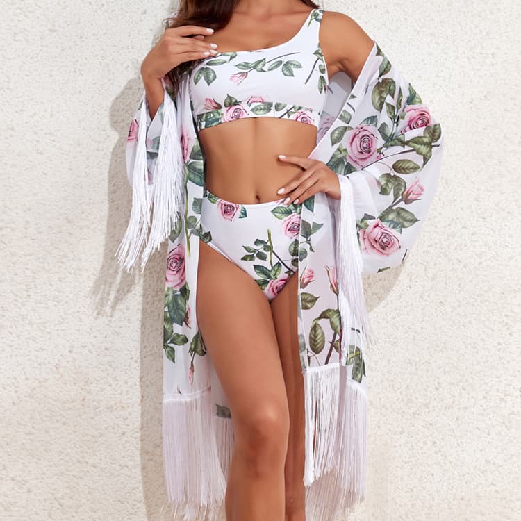 Floral Cover up With One Piece Bikini Multi Color Bathing Suit Set Sheer Sexy Swimsuit Bathing Wear