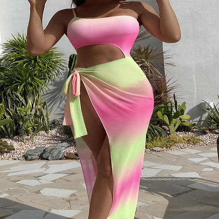 Gradient Color 2024 New One Shoulder Wispy Beach Suit One Piece Swimsuit Pink Green Bikini 2 Piece Set