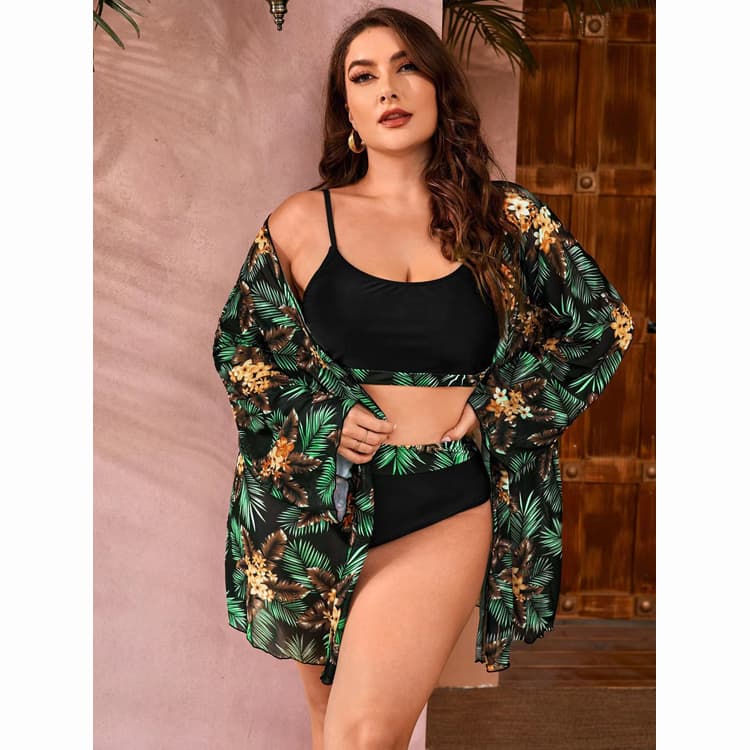 2024 Summer Vacation Style Plus Size Swimsuit 3 Piece Cover up Big Size Floral Beachsuit&swimwear Set