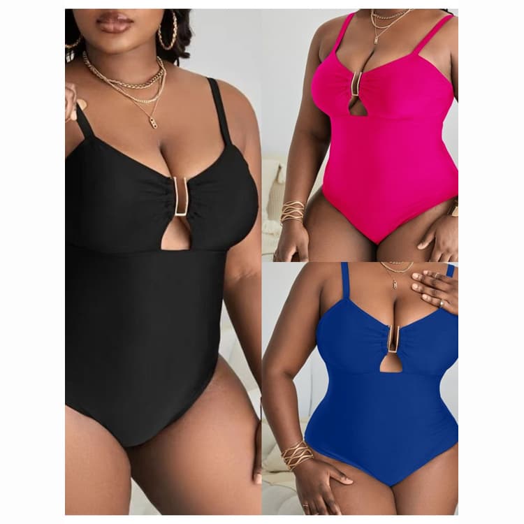 New Large Size Large Weight One Piece Bikini Solid Color Hollow Slim Halter Backless Sexy Swimsuit