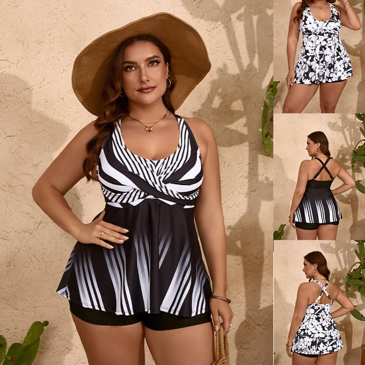 Hot Sell Big Size Black White Retro Floral High Waist Plus Size Beachwear High Split Bikini Swimsuit 2024