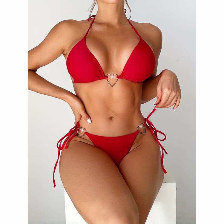 Heart Ring Cute Sexy Bikini Two Piece New Design Solid Color Simple Bandage Backless Lovely Swimsuit