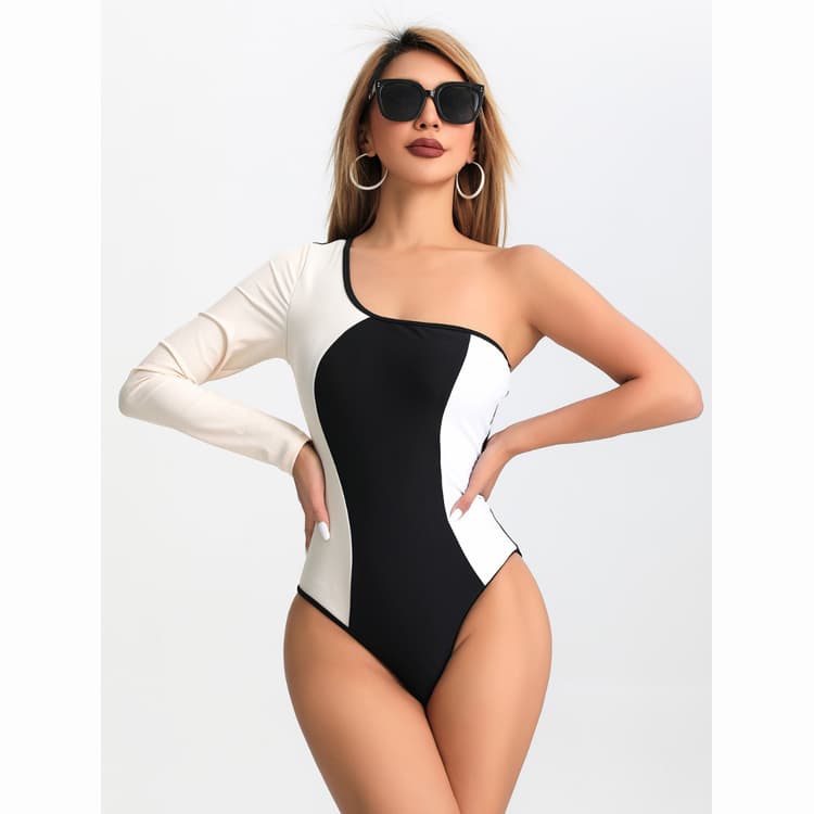 Color Matching 2024 New Styles Bathing Suit Long Sleeve One Piece Swimsuit Basic Sexy Elegant Bathing Wear