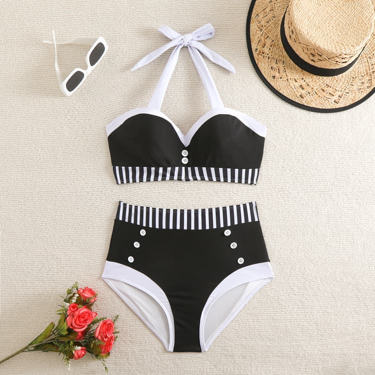 Black and White Halter Sexy High Waist Bikini 2024 New Bra Gather Women's Swimwear Big Size Beach Suit