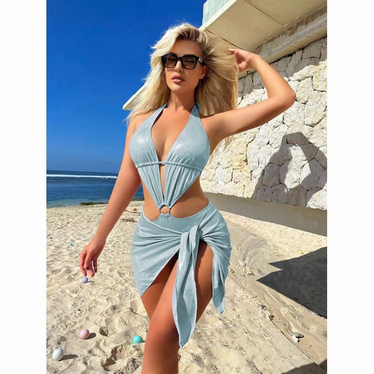 New Bright Color Two Piece Elegant Bikini 2024 Hot Popular Shinny Swimsuit With Cover up Dress