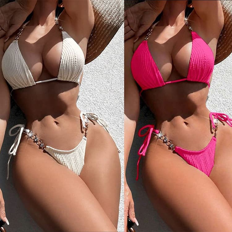 2024 Diamond Rhinestone Comfortable Soft 2 Piece Swimsuit New Sexy Bikini Tie Neck Bathing Wear