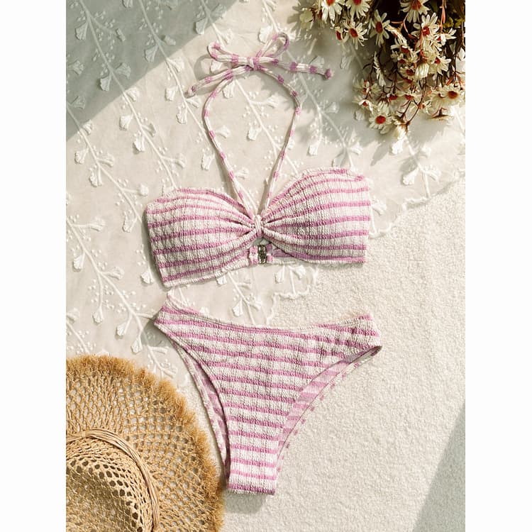2024 Available Cute Sexy Bikini 2 Pieces Striped Printed Swimsuit Beach Holiday Young Girls' Swimwear