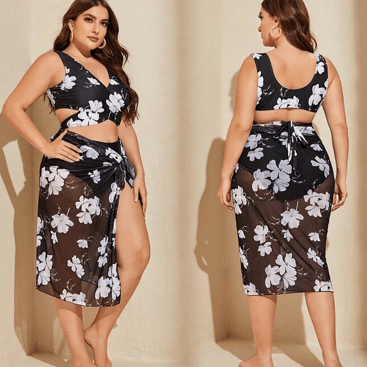 Big Size See Through Sexy Navel High Cut 3 Pieces Bikini 2024 New Plus Size Women Summer Swimsuit