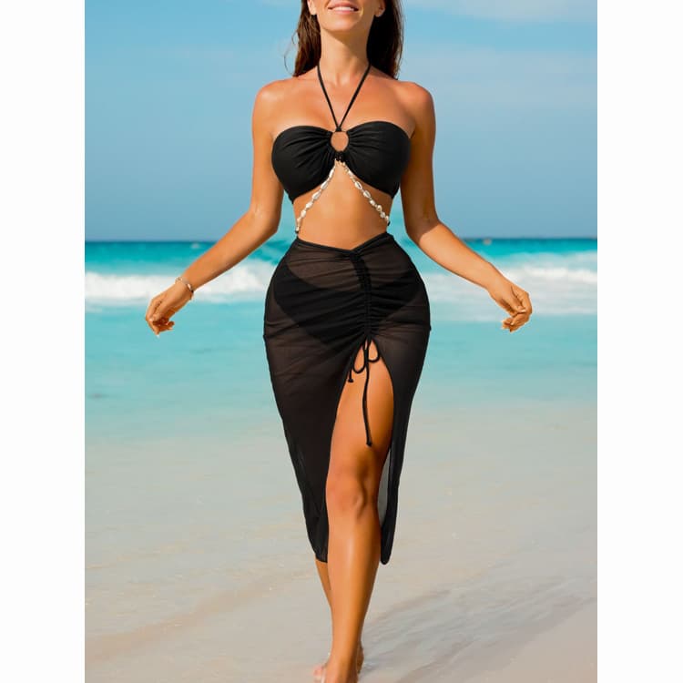 Sexy Mesh Halter 2024 Swimsuit Women Summer One Shoulder Hollow Out Seashell Accessories Bikini