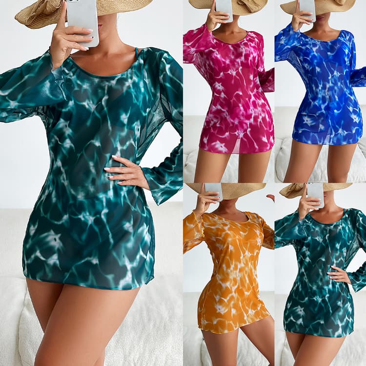 2024 Long Sleeve Printed Sexy Three Piece Swimsuit Basic Summer Holiday Bikini With Cover up