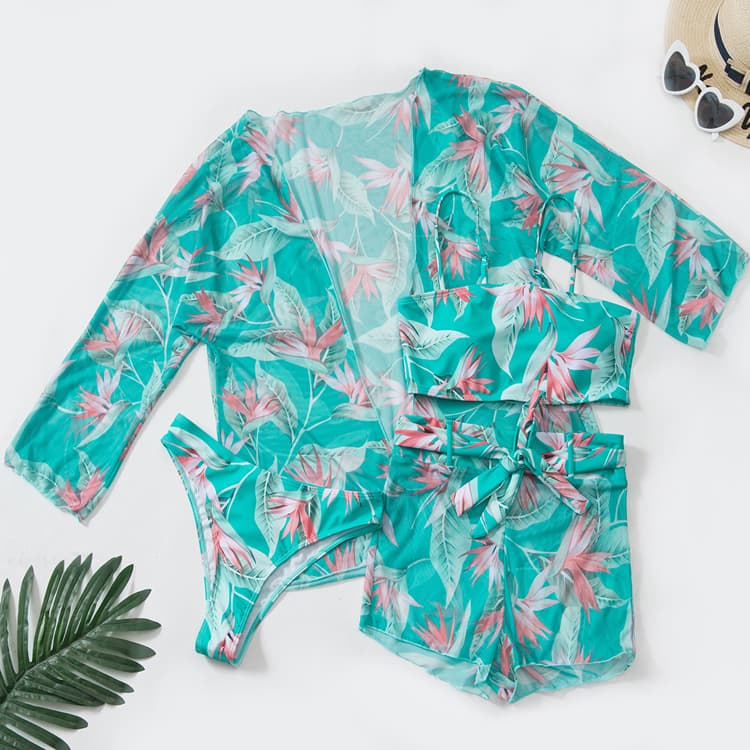 Colorful Printed Sexy 3 Piece Bikini 2024 New Design Beach Swimwear Crop Top Sunburn Bather With Pants