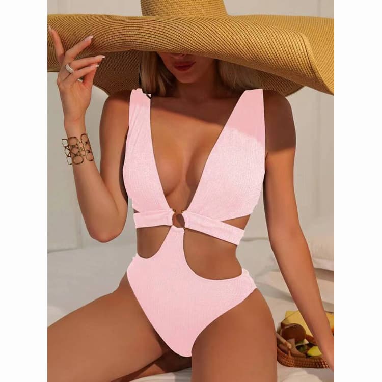 Solid Color Hollow Out Sexy Special Fabric Bikini Two Piece Vacation Beach Bathing Swimsuit