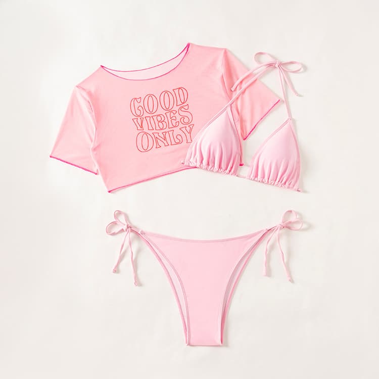 Ins Cute Pink Bikini 3 Piece 2025 Hot Beach Sunscreen T Shirt Swimsuit Set