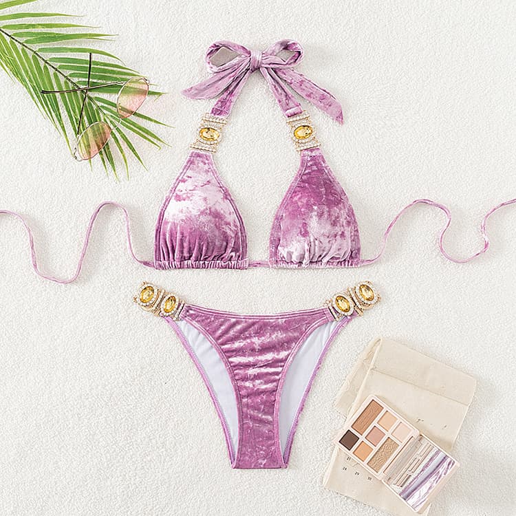 OEM Purple Velvet Sexy Solid Color Diamond Bikini 2025 New Spa Exquisite Swimwear Suit