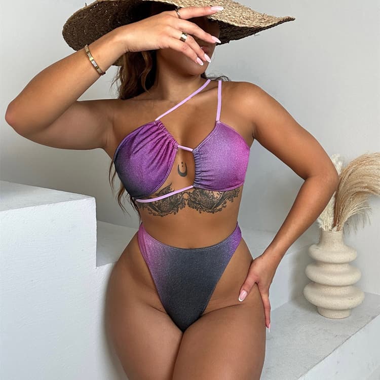 2025 Shinny New Purple Tie Dye Print 2 Piece Bikini Hollow Out Young Sexy Girl Glittercrop Top Swimsuit