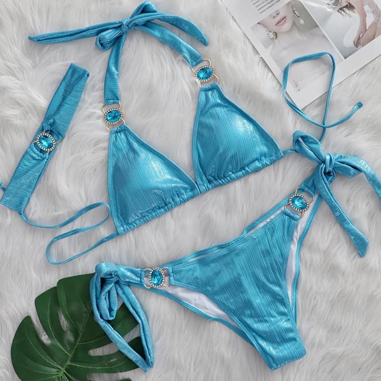 2025 Hot Ins Jewel Solid Color Sexy Halter 2 Piece Bikini Rhinestone Thong Diamond Bikini Swimwear