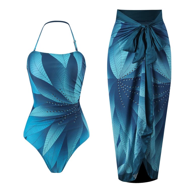 Wholesale Cheap High Quality Bikini Sets Blue Printed Halter Swimwear Sets With Skirt