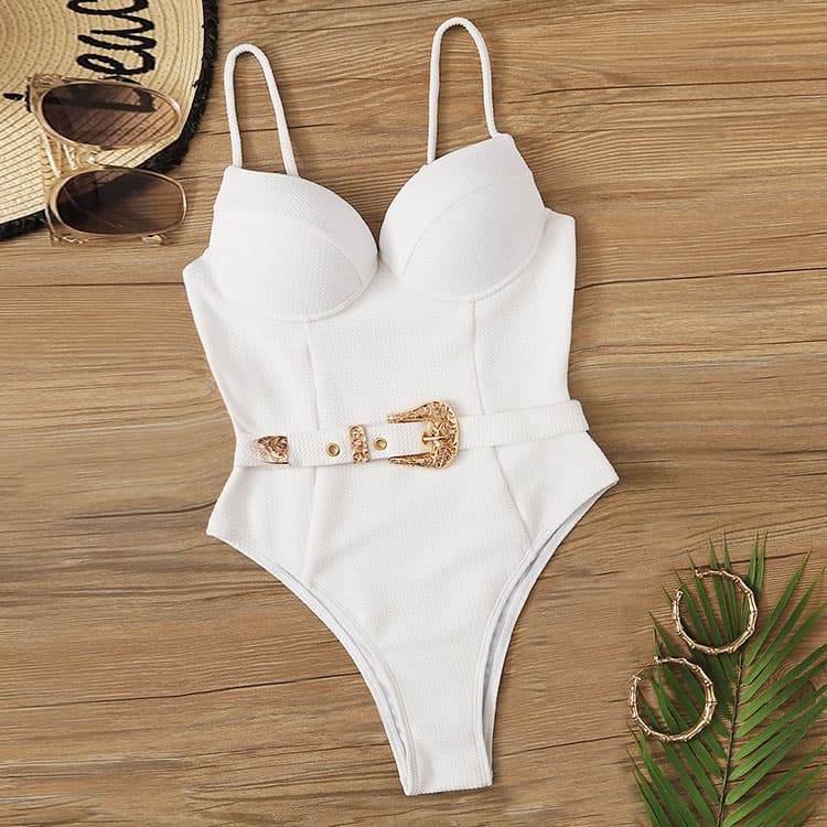 New Push up One Piece Bikini Metal Belt Bikini Special Fabric High Waist Sexy Swimwear